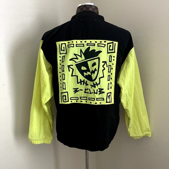 Vtg 80s 90s B-Club Baseball Jacket S/M Black Neon Yellow Coat Snap Baseball - Picture 4 of 12